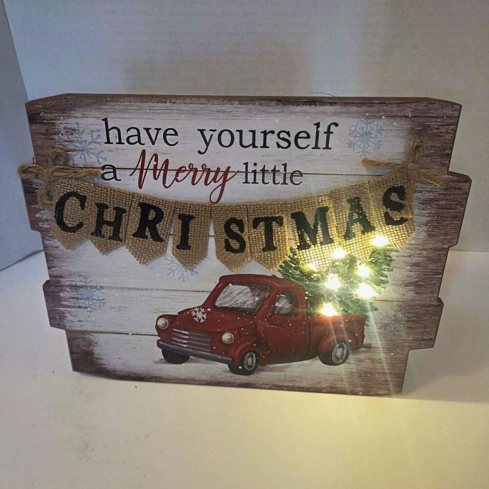 LED Lighted Rustic Wood/Burlap Wall Plaque Truck โMerry Little Christmasโ 12x9